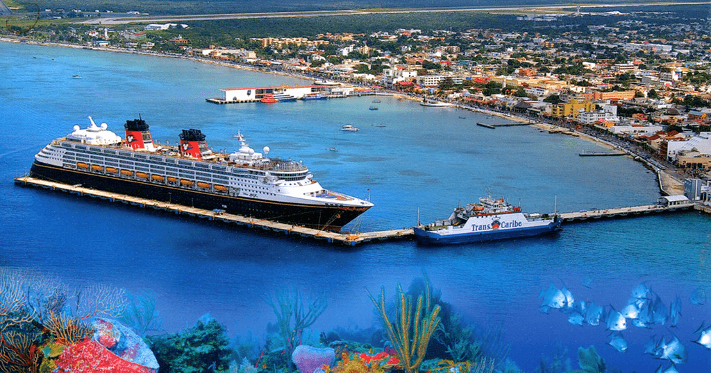 An image of the Cozumel pier with a cruise ship currently docked.