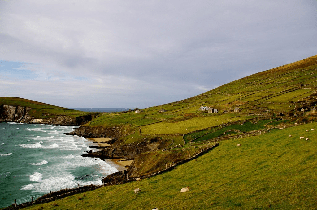 An aerial view of a coastline across the Dingle Peninsula.