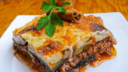 An image of a freshly cooked moussaka