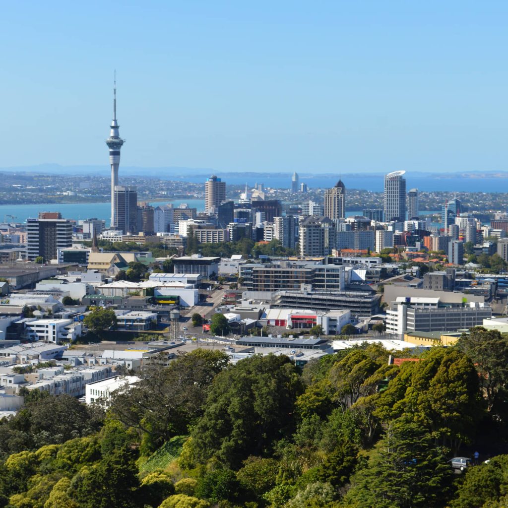 An aerial shot of the New Zealand city for the article "senior trip to Auckland."