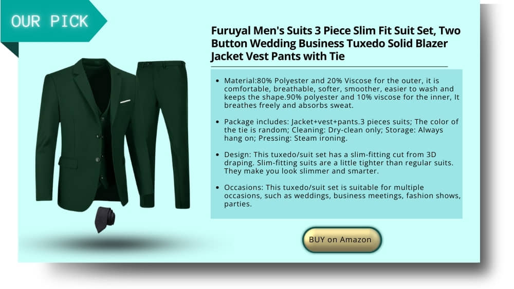 Furuyal Men's Suits 3 Piece Slim Fit Suit Set, Two Button Wedding Business Tuxedo Solid Blazer Jacket Vest Pants with Tie