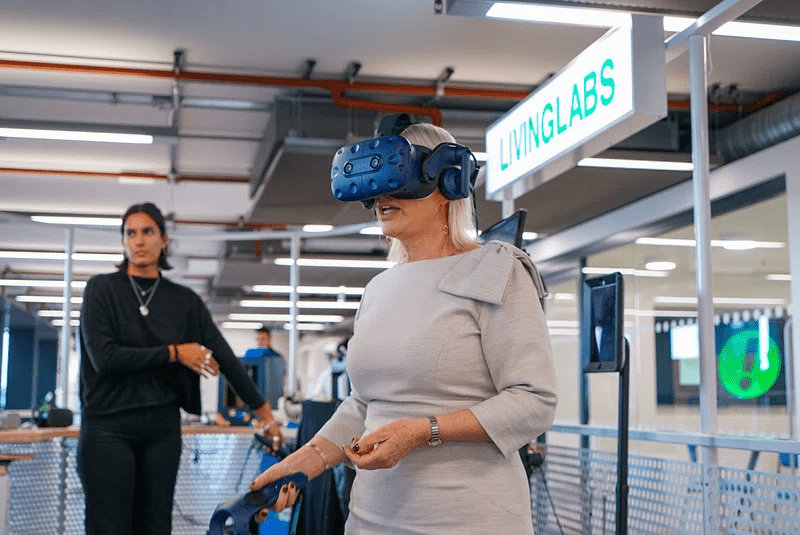 a woman wearing a virtual reality headset