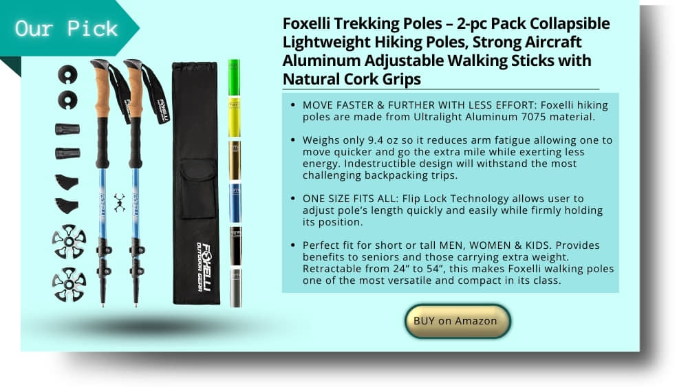 Foxelli Trekking Poles – 2-pc Pack Collapsible Lightweight Hiking Poles, Strong Aircraft Aluminum Adjustable Walking Sticks with Natural Cork Grips and 4 Season All Terrain Accessories