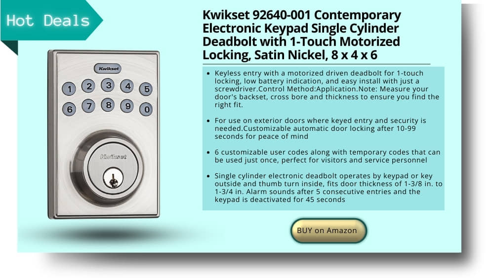 Single cylinder electronic deadbolt operates by keypad or key outside and thumb turn inside, fits door thickness of 1-3/8 in. to 1-3/4 in. Alarm sounds after 5 consecutive entries and the keypad is deactivated for 45 seconds