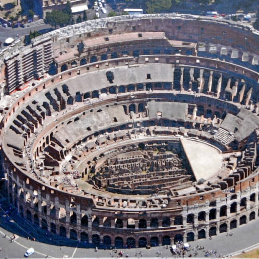 An aerial view of the colosseum for an article about "senior travels to rome."