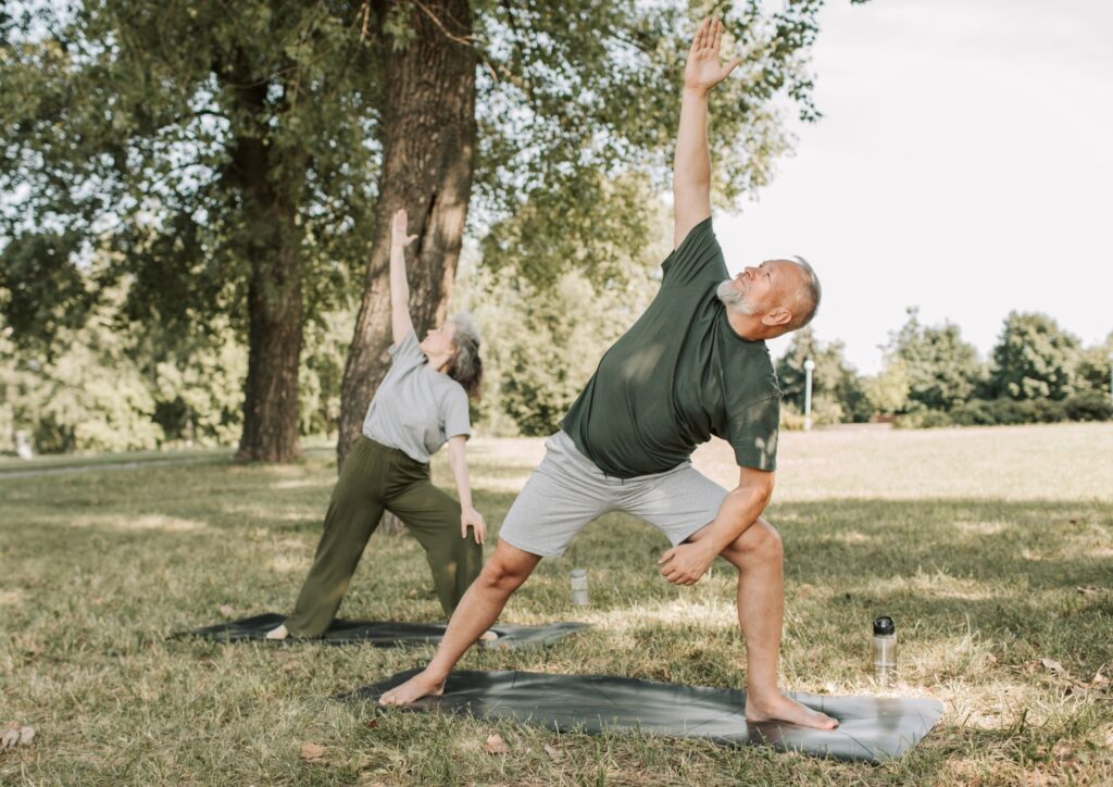 A senior stretching