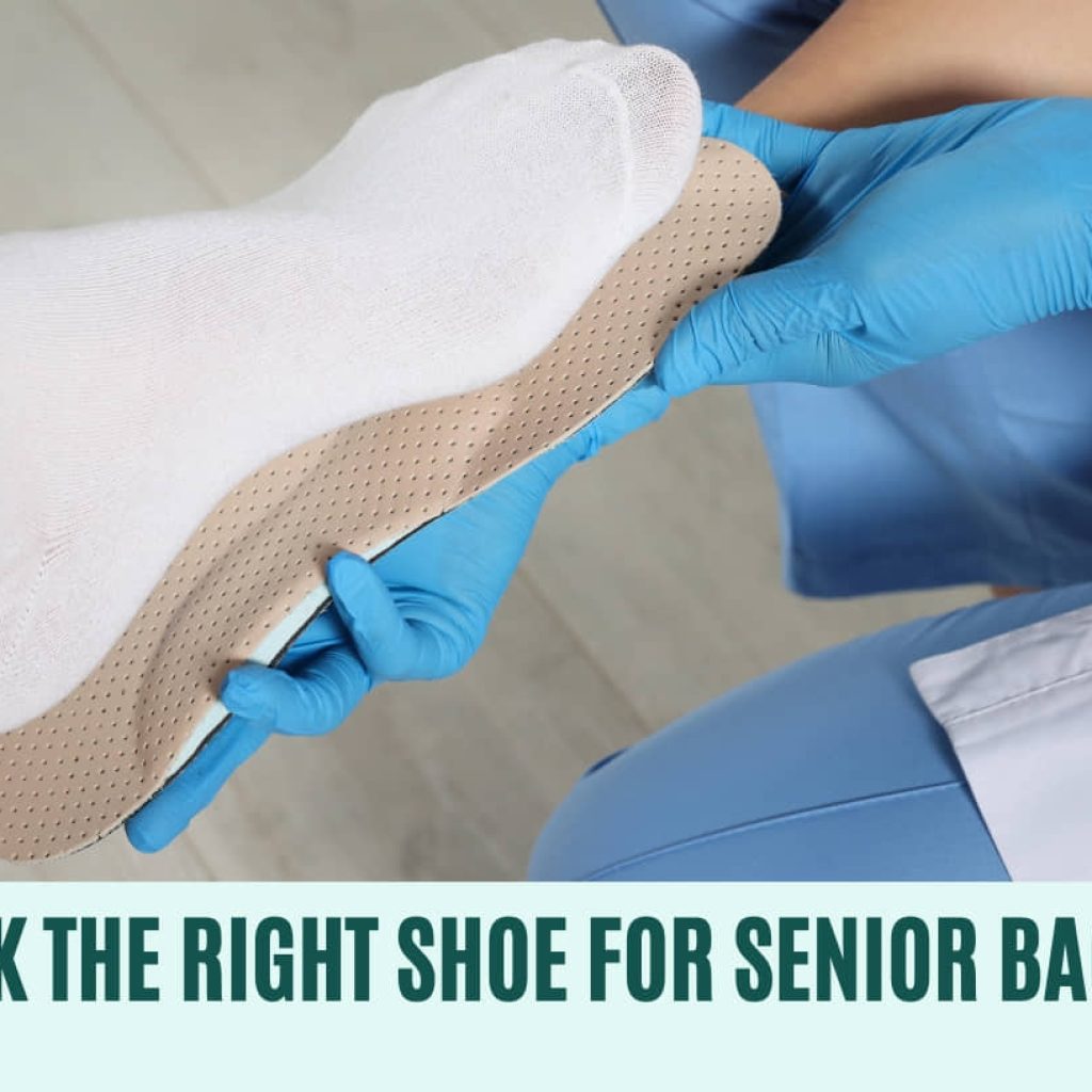 Healthcare professional in blue gloves fitting supportive shoe on patient's foot for back support