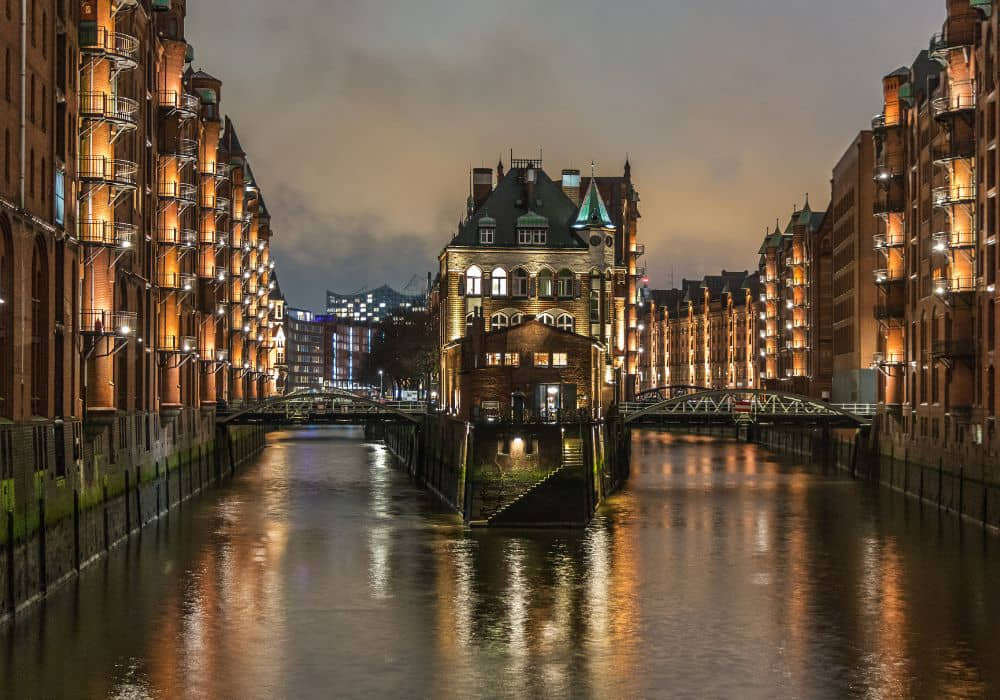 Hamburg's Speicherstadt district seen from the river