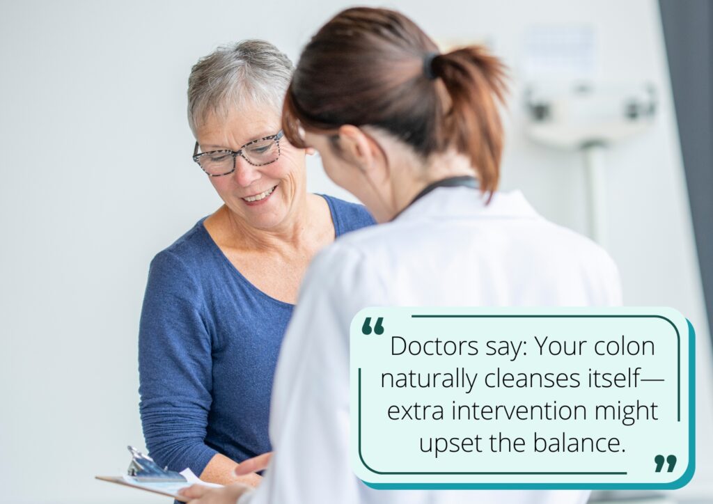 A senior talking to a doctor with text: Doctors say: Your colon naturally cleanses itself—extra intervention might upset the balance.