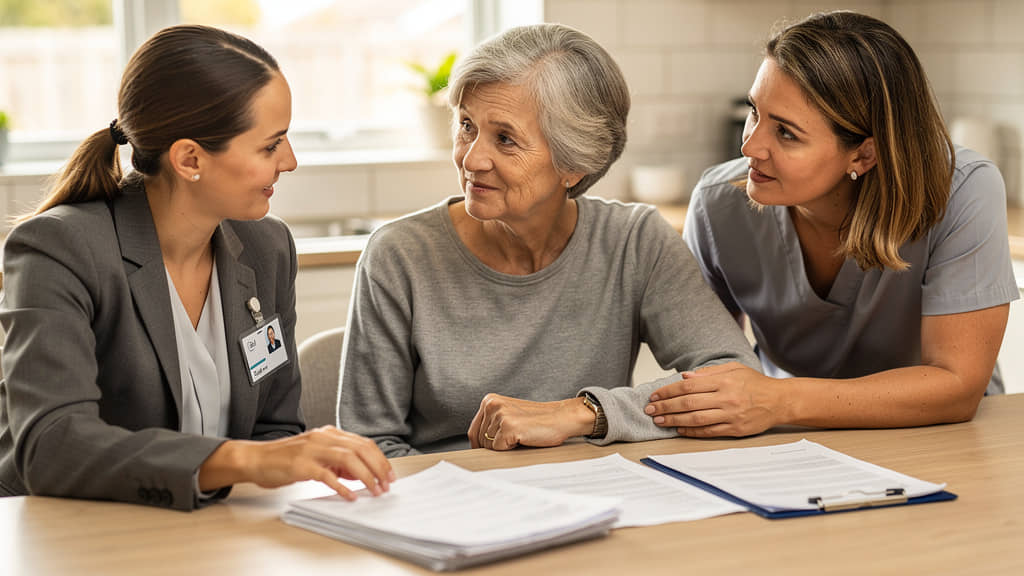An Australian woman with her daughter and an aged care coordinator reviewing a care plan
