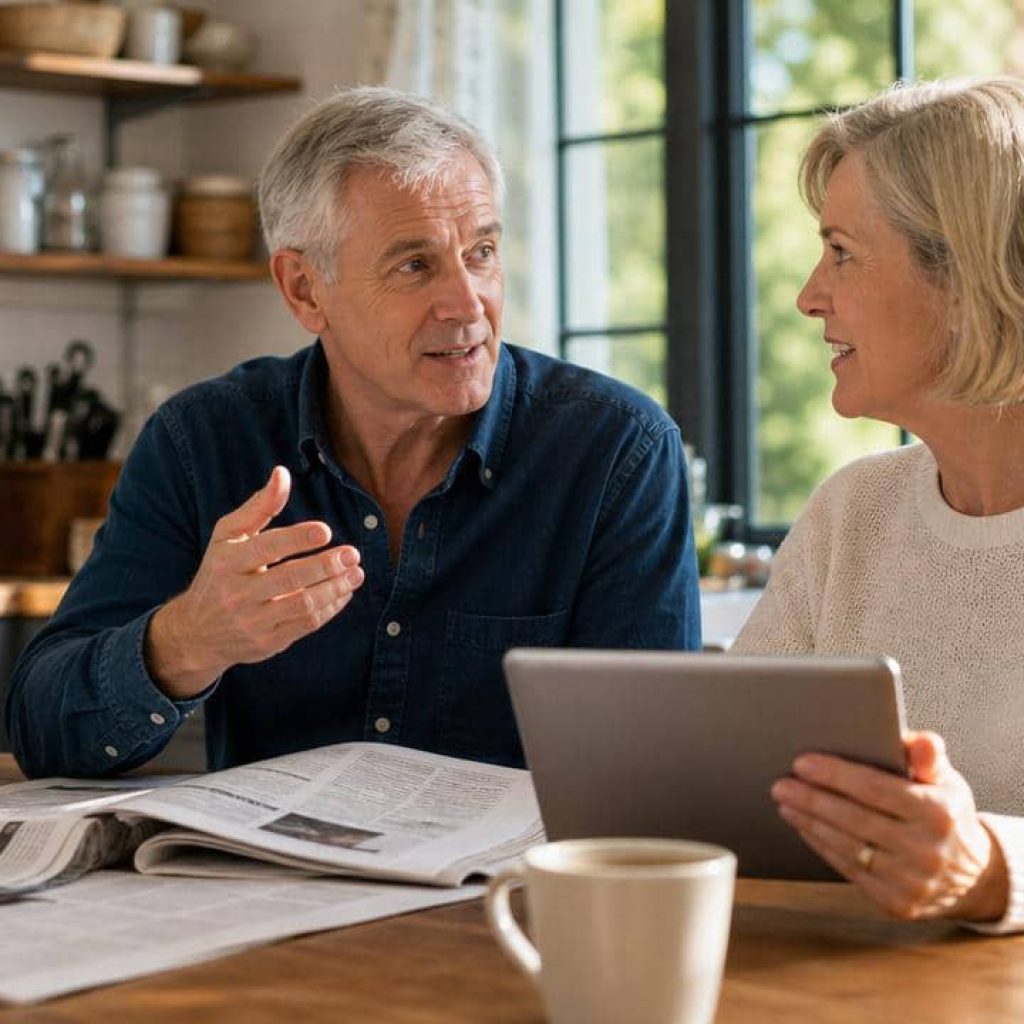 Mature couple in animated conversation