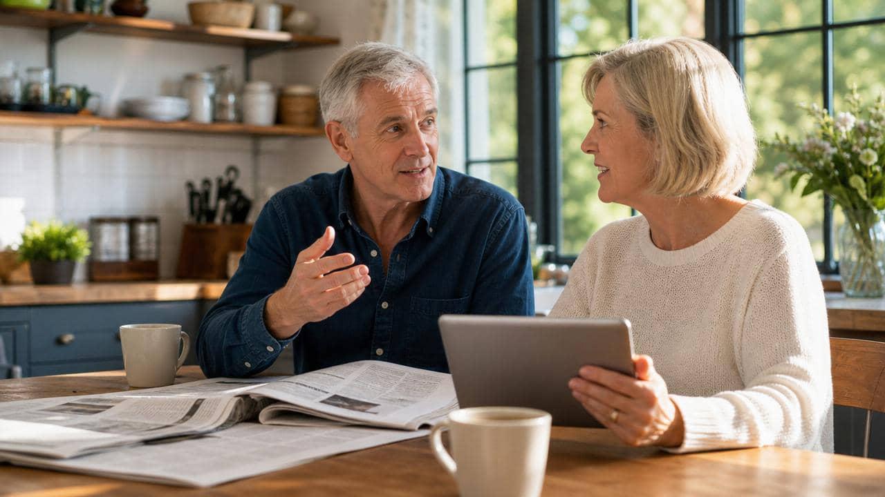 Mature couple in animated conversation