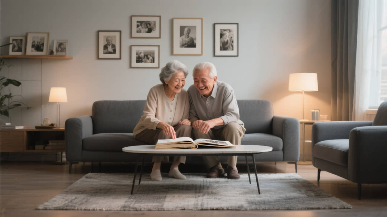 An older couple enjoying memories together as they view old photos.