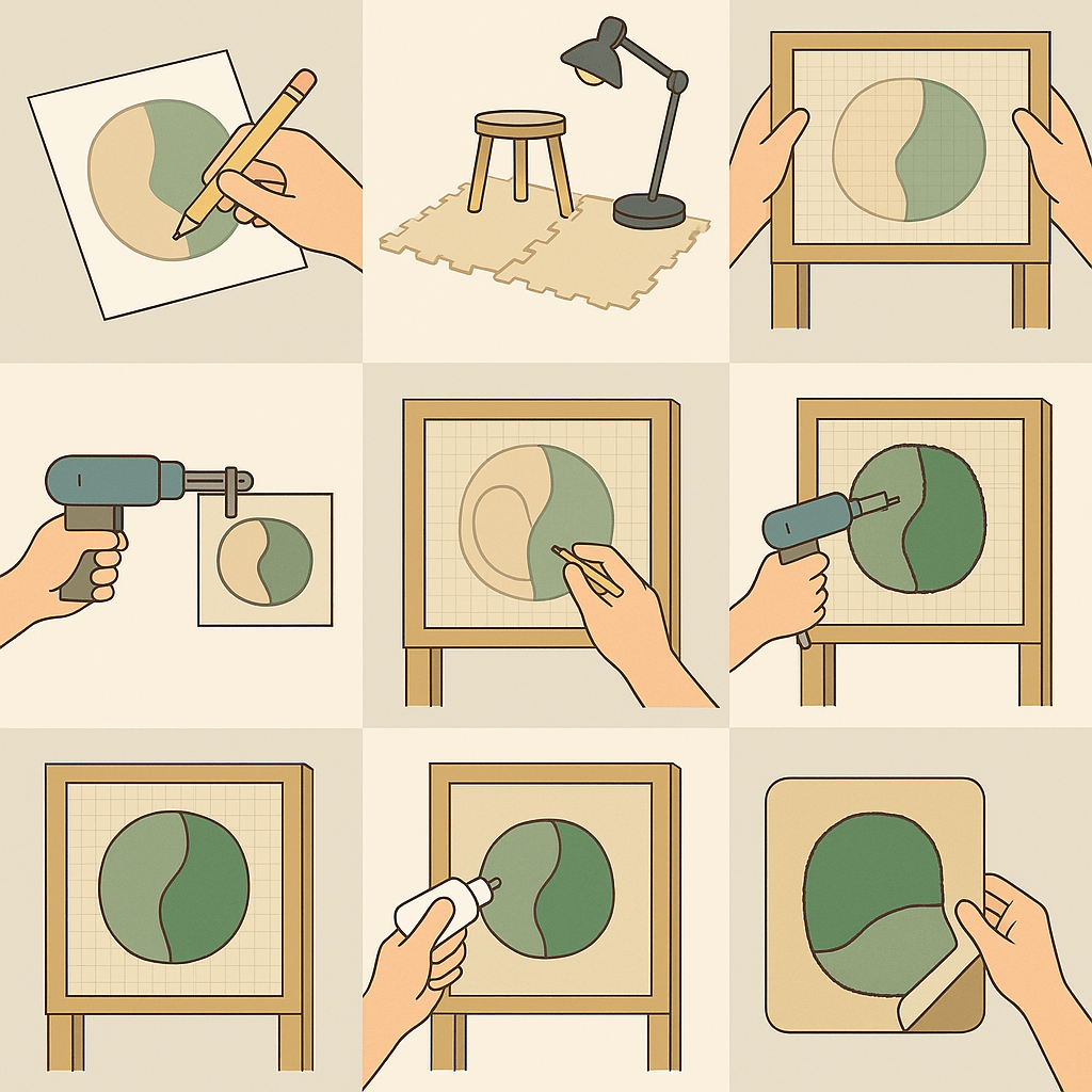 An illustration guide of using a rug tufting gun. 