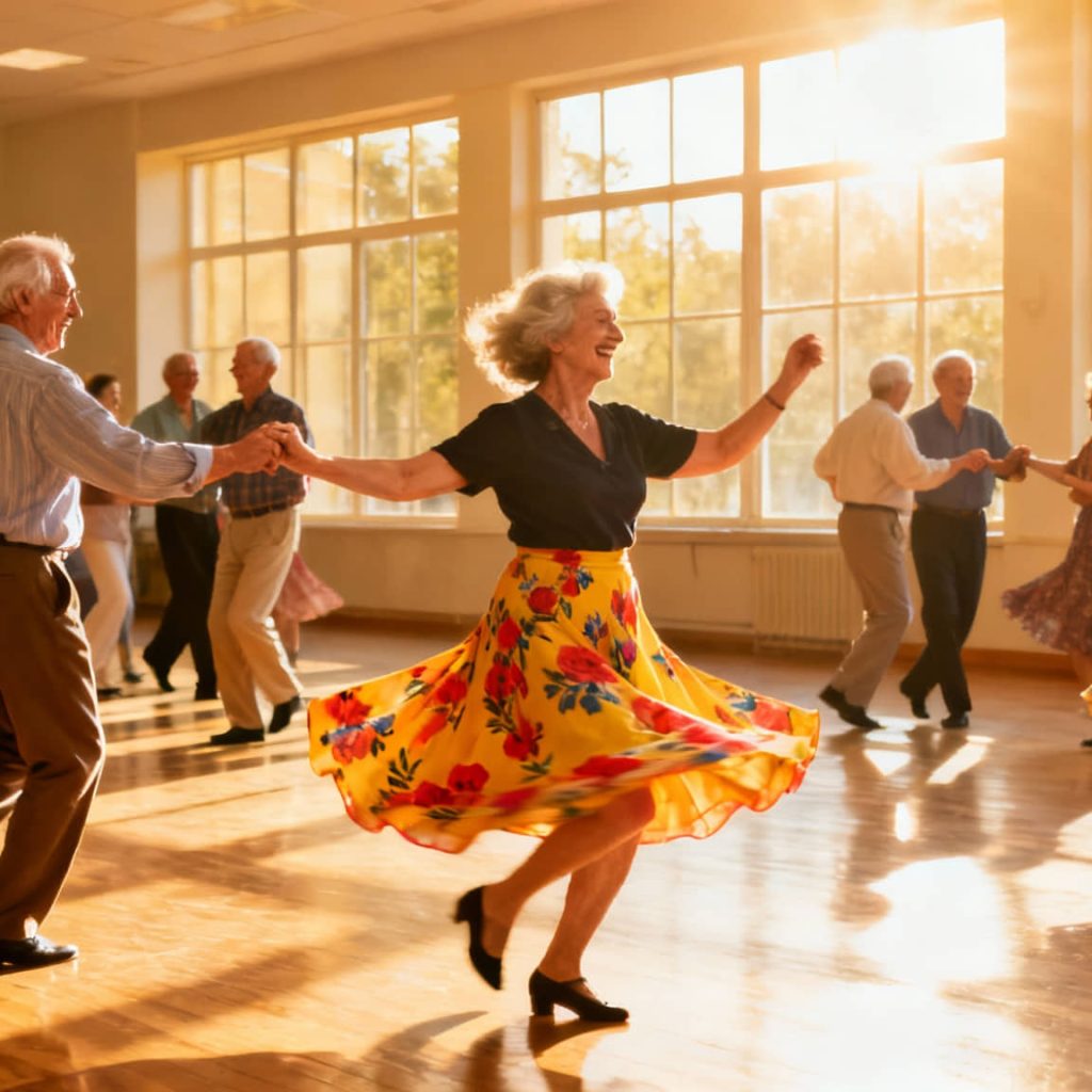 Retirees learning how to jive dance in a brightly lit community class