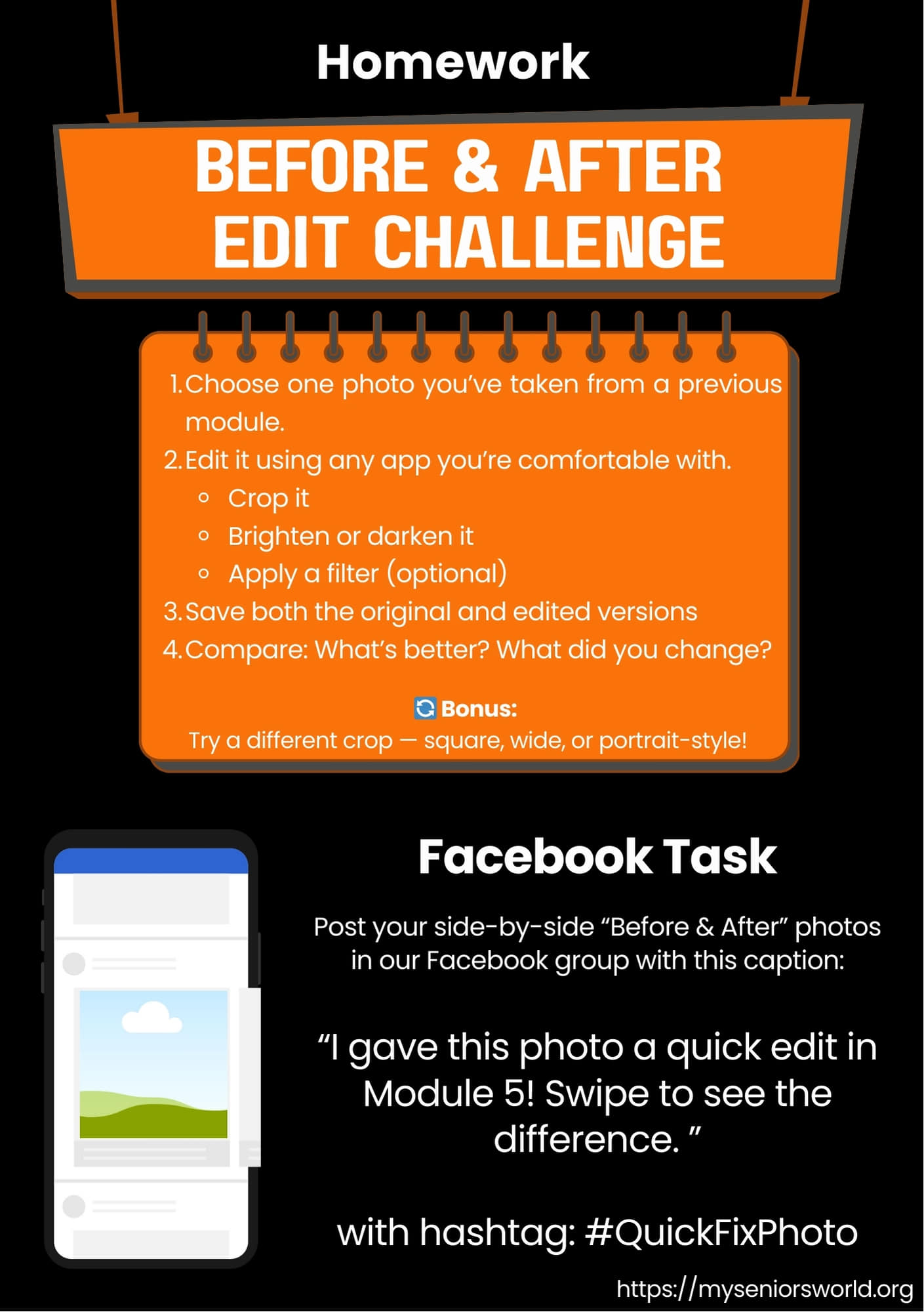 This quiz checks your understanding of basic editing skills from Module 5. You’ll review cropping, rotation, use of filters, and how subtle edits can transform the mood of a photo. By practicing these, you’ll strengthen your ability to polish photos without over-editing.