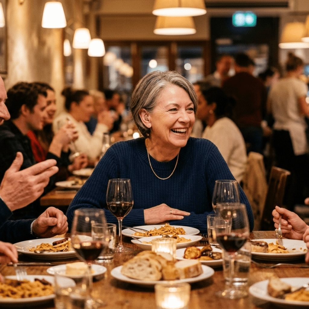 Social gathering with woman using in-ear hearing aid.