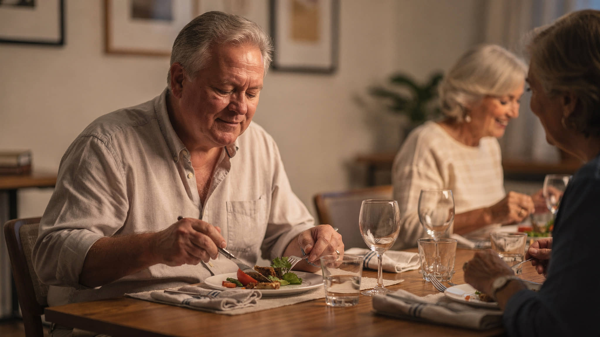 A group of retirees eating dinner together