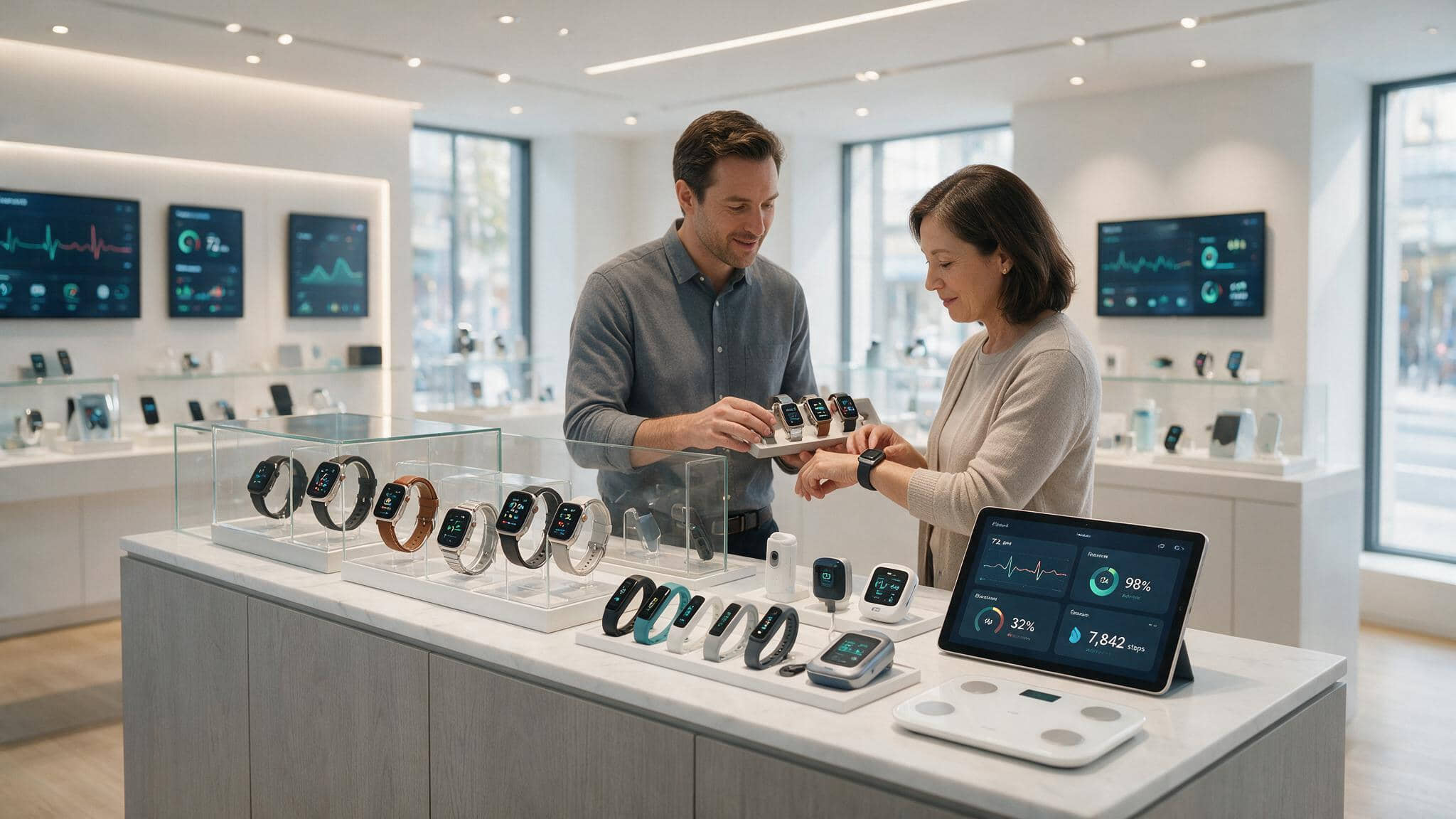 A woman selecting a wearable watch.