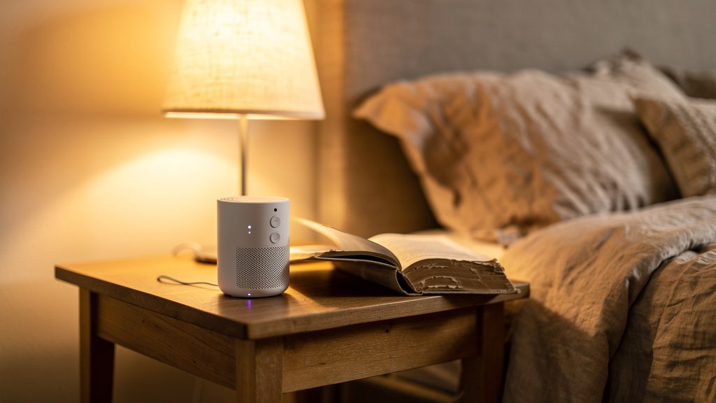 A small sound machine on a bedside table next to a lit lamp and an open book in a calm, softly lit bedroom.